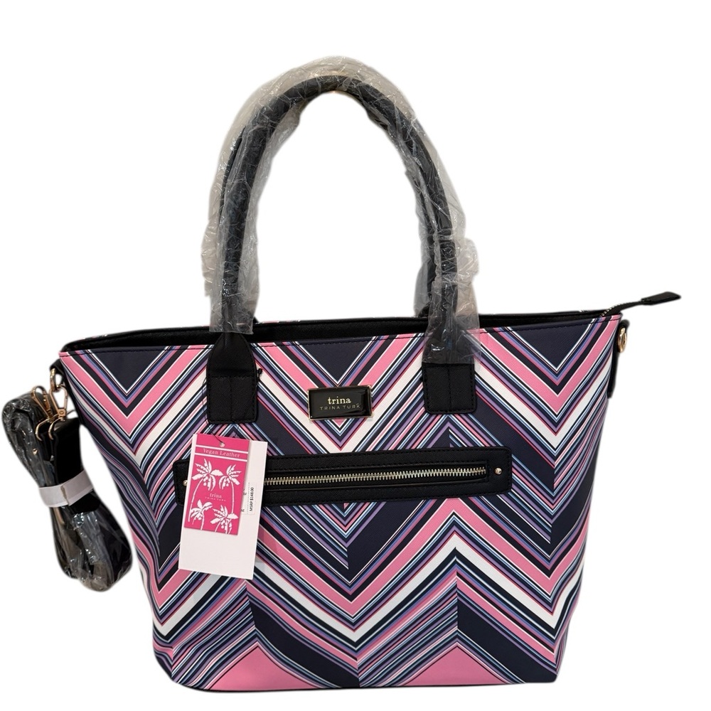 NWT Trina Turk Double Handle Large Chevron Tote w/ Detachable Shoulder Strap